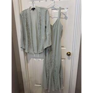 VTG Y2k Formal Dress Mother Of Bride Jacket Set Ruffle Tulip Sage Green Large 10